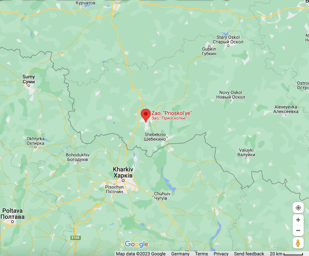 ZAO Prioskolie在谷歌地图中的位置，Shebekino镇距离俄乌边境最近处仅10公里